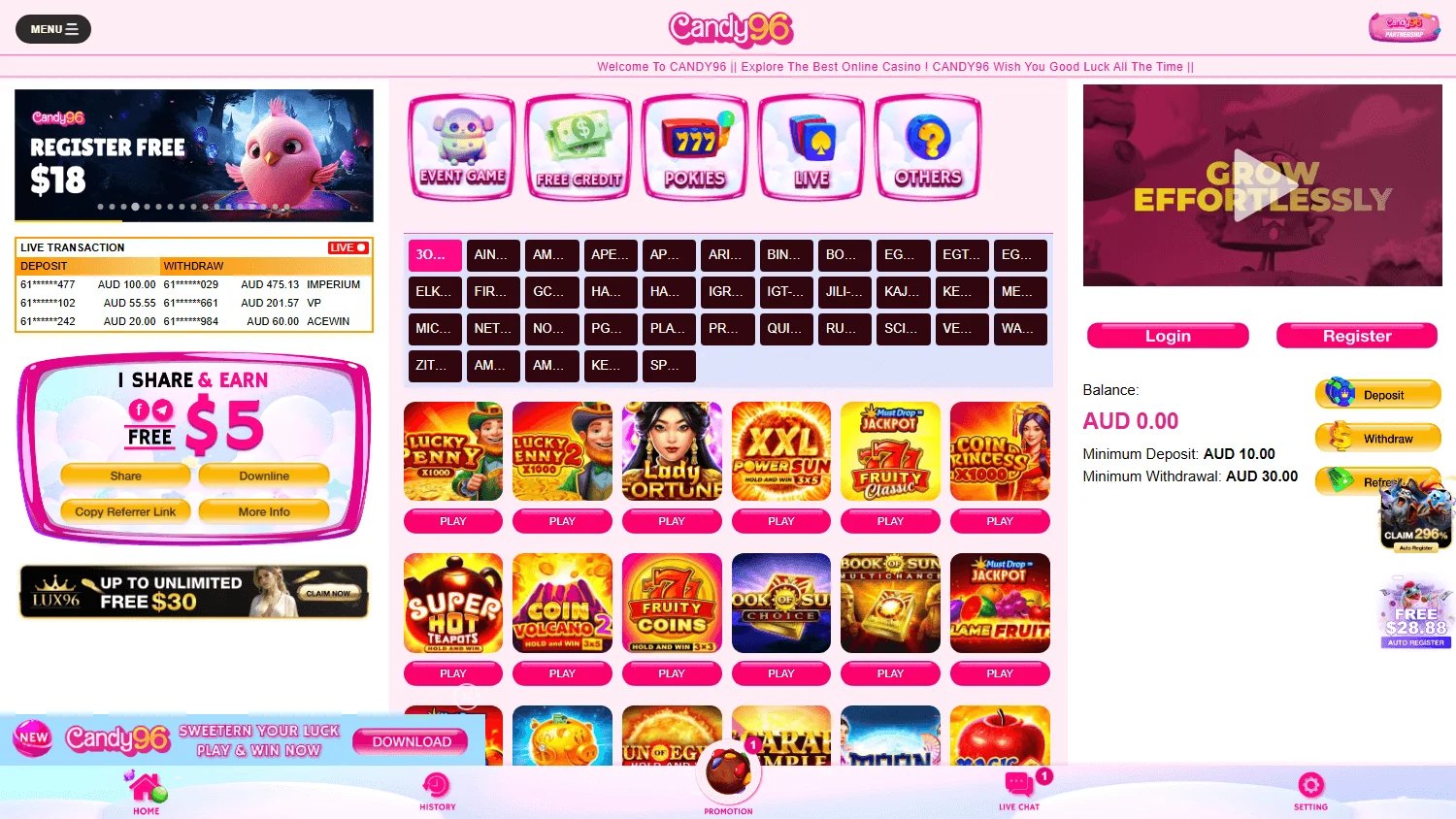 Candy96 Casino desktop home screen with casino offers and game access