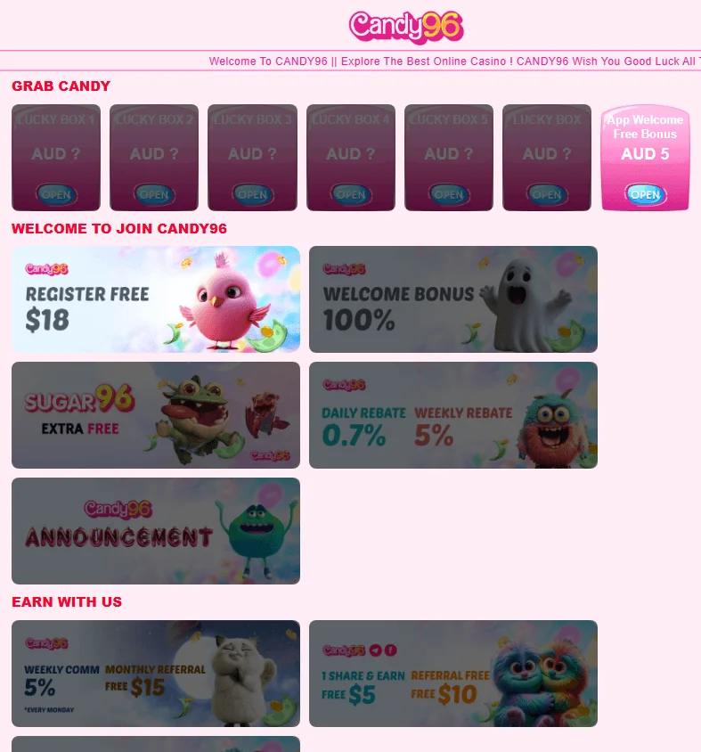 Candy96 Casino desktop promotions area with welcome and reload offers