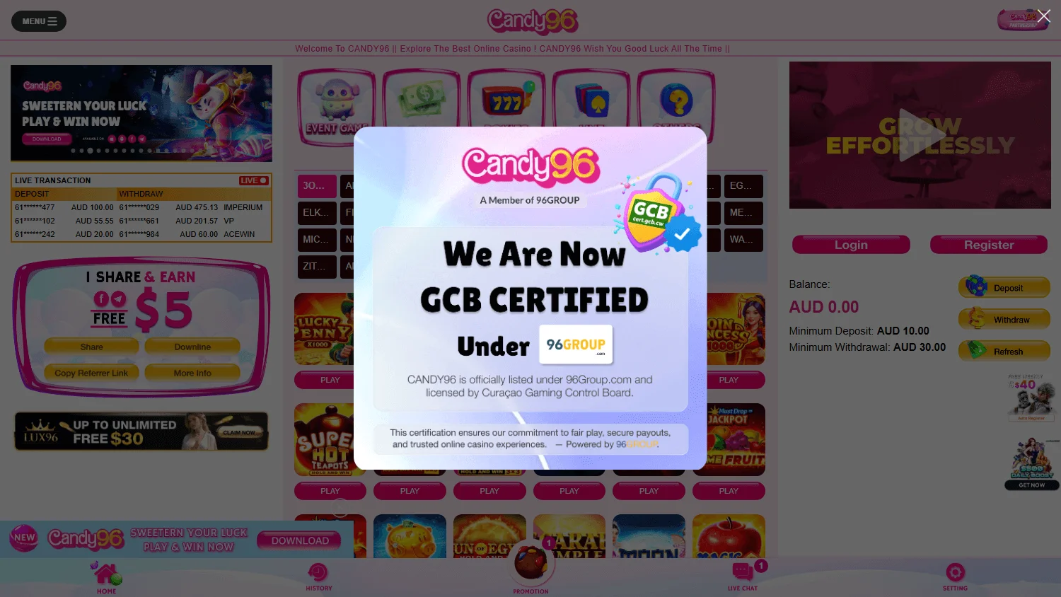 Candy96 Casino desktop games area with casino categories and titles