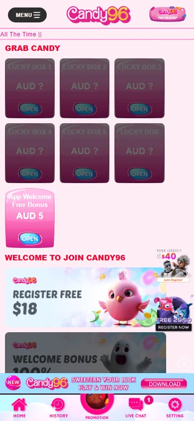 Candy96 Casino mobile promotions area with casino bonus offers